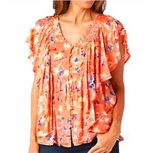 Haute Hippie Tribe Karen Flutter Sleeve Orange Button Front Top Women's Medium